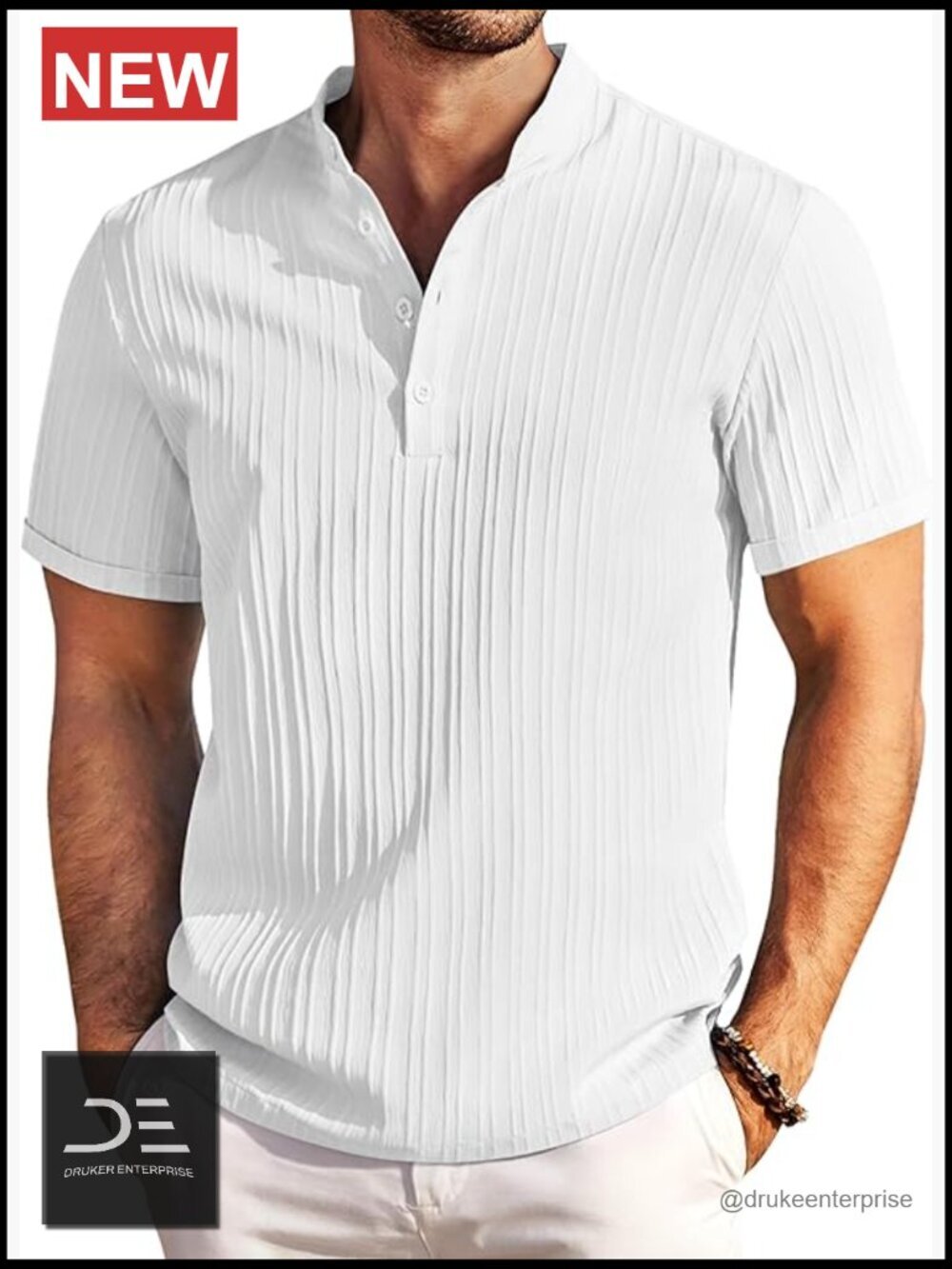 Men's Textured Henley T-Shirt Short Sleeve Band Collar